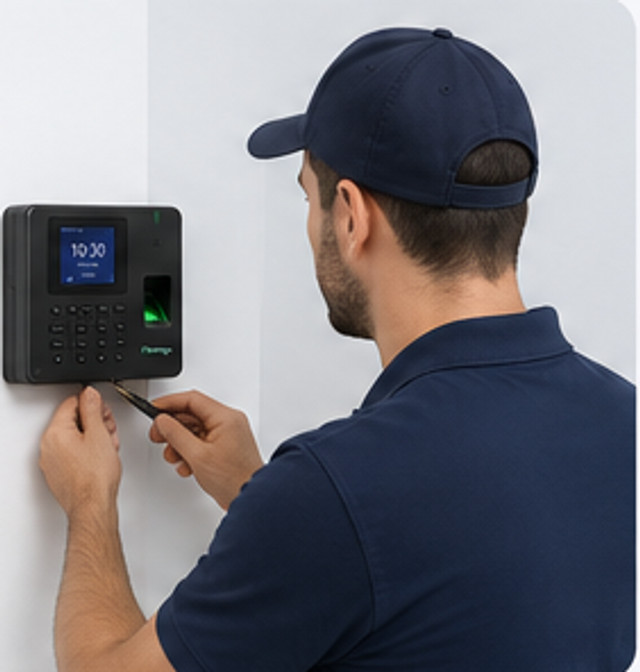 Technicien installant une pointeuse biométrique Pointage sur un mur